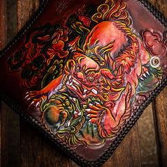 Handmade Leather Chinese Lion Mens Chain Biker Wallet Cool Leather Wallet With Chain Wallets for Men