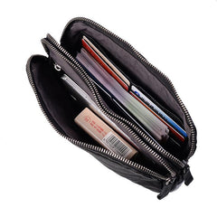 Cool Black Leather Mens Long Wallets Large Double Zipper Clutch Wallet Coffee Vintage Clutch Purse For Men - iwalletsmen