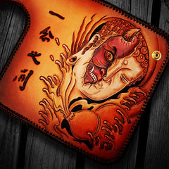 Handmade Leather Tooled Buddha&Demon Mens Chain Biker Wallet Cool Leather Wallet With Chain Wallets for Men