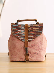 Cute Canvas Leather Mens Womens Small Pink Backpack Khaki Travel Backpack College Backpack for Men - iwalletsmen
