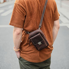 Black Vintage Leather Mens Mini Messenger Bag Waist Bag Dark Brown Belt Pouch Bag For Men - iwalletsmen