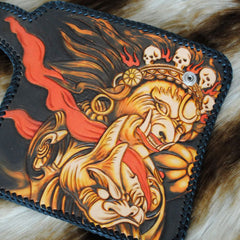 Handmade Mens Tooled God Mahakala Leather Chain Wallet Biker Trucker Wallet with Chain