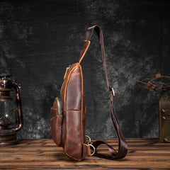 Cool Brown Leather Men's Sling Bag Chest Bag Vintage One Shoulder Backpack For Men - iwalletsmen