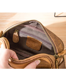 Camel Leather Mens Mini Phone Bag Courier Bag Small Messenger Bags Postman Bag for Men - iwalletsmen