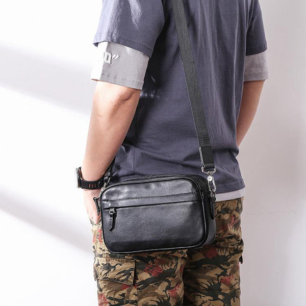 MIni Black Leather MENS Side Bag Black Small Leather Messenger Bag Courier Bag For Men - iwalletsmen