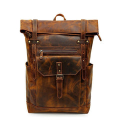 Black Mens Leather 15 inches Large School Laptop Backpack Brown Travel Backpacks for Men - iwalletsmen
