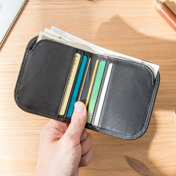 Black Leather Mens Slim Wallet Small Wallet Front Pocket Wallet Black Bifold Billfold Wallet billfold Wallet for Men - iwalletsmen