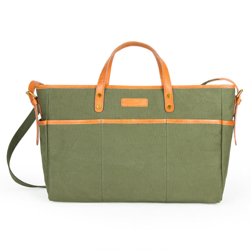 Canvas Leather Mens Simple Portable Caramel Tote Bag Shoulder Bag Army Green Diagonal Bag for Men - iwalletsmen