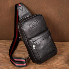 Cool Black Leather Mens Sling Bags Crossbody Pack Black Chest Bags One Shoulder Backpack for men - iwalletsmen