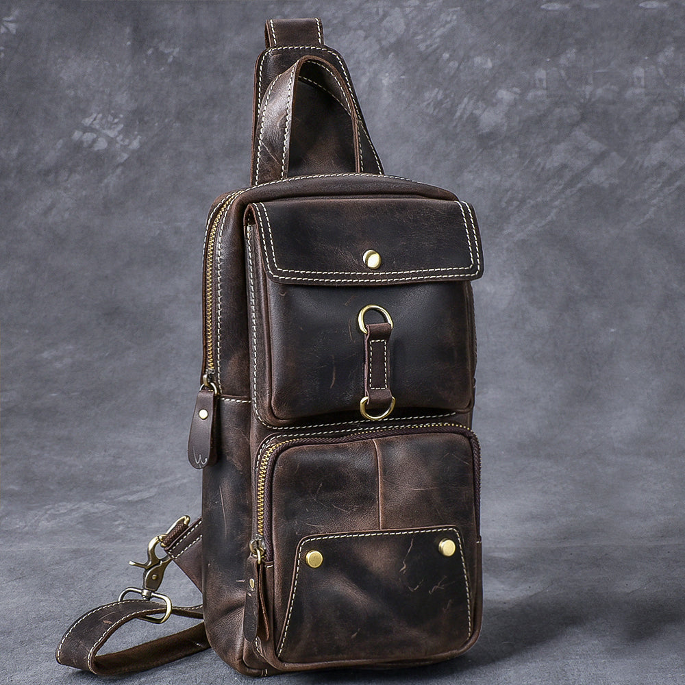 Cool Leather Mens 8" Brown Vintage Sling Bag Chest Bag One Shoulder Backpack for Men - iwalletsmen
