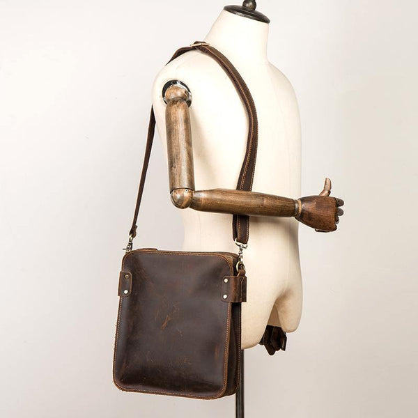 Vintage Dark Brown Cool Leather 12 inches Vertical Courier Bag Messenger Bags for Men - iwalletsmen