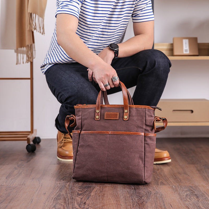 Casual Canvas Leather Mens Womens Large 13" Brown Handbag Tote Bag Beige Shoulder Bag Tote Purse For Men - iwalletsmen