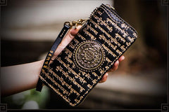 Handmade Leather Tibetan Mens Chain Biker Wallet Cool Leather Wallet Long Clutch Wallets for Men