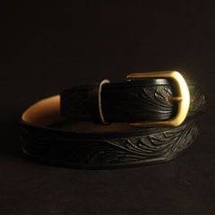 Handmade Vintage Yellow Brown Floral Tooled Leather Mens Belt Carved Leather Belt for Men - iwalletsmen