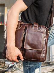 Cool Coffee Leather Mens 13 inches Vertical Briefcase Side Bag Messenger Bags Work Bags Courier Bag for Men - iwalletsmen