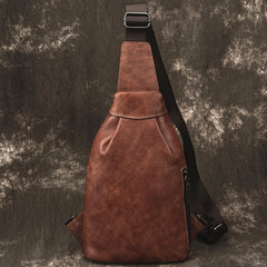 Brown Cool LEATHER MENS Sling Bag One Shoulder Backpack Chest Bag For Men - iwalletsmen