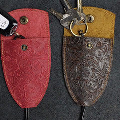 Handmade Leather Floral Mens Cool Car Key Wallet Coin Wallet Pouch Car KeyChain for Men