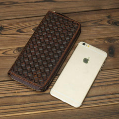 Braided Leather Long Wallet for Men Woven Bifold Long Wallet Brown Zip Cards Wallet For Men - iwalletsmen