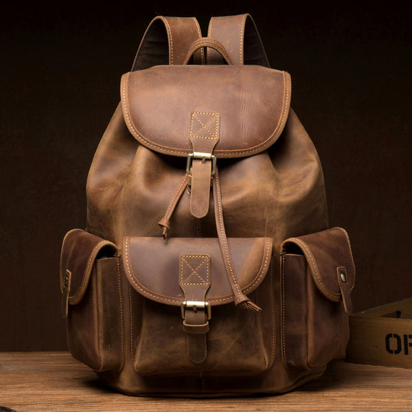 Fashion Brown Mens Leather 15inches Large Backpacks Travel Backpacks School Backpacks for men - iwalletsmen