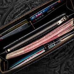 Handmade Leather Mens Chain Chinese Handwriting Biker Wallet Cool Leather Wallet Long Phone Wallets for Men