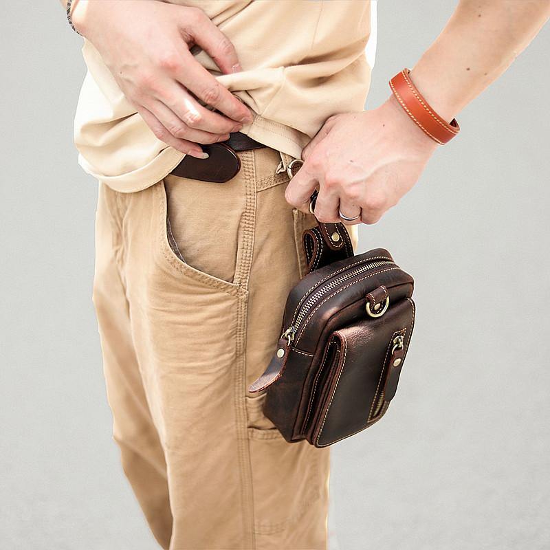 Black Vintage Leather Mens Belt Pouch Belt Bag Hip Pouch Waist Bags Dark Brown For Men - iwalletsmen