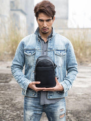 Black Casual Leather Mens Sling Bag Chest Bags Black One Shoulder Backpack Sling Pack for Men - iwalletsmen