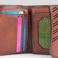 Handmade Mens Cool billfold Leather Wallet Men Small Zipper Wallets Trifold for Men