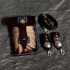 Black Badass Mens Indian Tooled Leather Waist Bag Side Bag Coffee Belt Pouch Belt Bag for Men - iwalletsmen