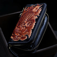 Handmade Leather Tooled Carp Mens Chain Biker Wallet Cool Leather Wallet Zipper Long Phone Wallets for Men