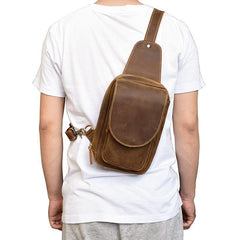 Leather Men's 8 inches Brown Sling Bag Chest Bag Dark Brown One Shoulder Backpack For Men - iwalletsmen