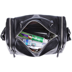 Fashion Black Leather Men's Small Barrel Side Bag Travel Bag Small Black Overnight Bag For Men - iwalletsmen