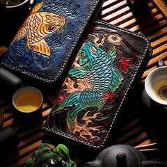 Handmade Leather Carp Mens Chain Biker Wallet Cool Leather Wallet Long Phone Wallets for Men