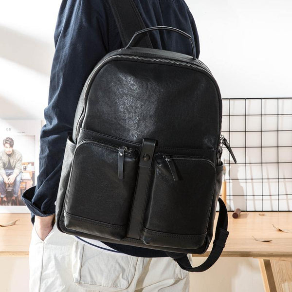 Black Fashion Mens Leather 15-inch Computer Backpacks Black Travel Backpacks College Backpack for men - iwalletsmen