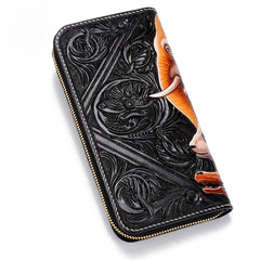 Handmade Leather Tooled The Animals Mens Chain Zipper Biker Wallet Cool Leather Wallet Long Phone Wallets for Men