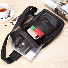 Black Mens Leather Sling Bag Chest Bag One shoulder Black Backpack Sports Bag For Men - iwalletsmen