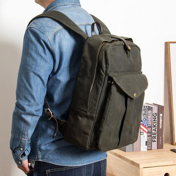Army Green Canvas Mens Large 14'' Laptop Backpack College Backpack Hiking Backpack for Men - iwalletsmen