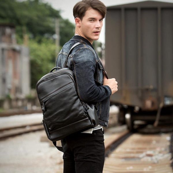Cool Black Mens Leather 14-inch Computer Backpacks Travel Backpack School Backpacks for men - iwalletsmen