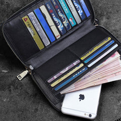 Handmade Leather Mens Tooled Skull Death Cool Zipper Phone Travel Long Wallet Card Holder Card Slim Clutch Wallets for Men
