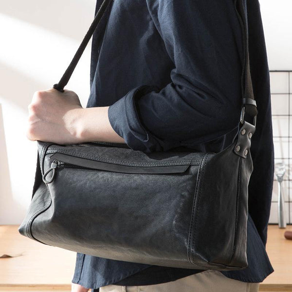 Casual Black Leather Mens 11 inches Side Bag Postman Bag Black Messenger Bags for Men - iwalletsmen