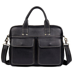 Black Leather Mens 13 inches Vertical Briefcase Laptop Shoulder Bag Coffee Business Work Bag for Men - iwalletsmen