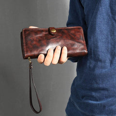 Leather Mens Cool Vintage Wallet Bifold Long Leather Biker Wallet Black Clutch Wristlet Wallet for Men - iwalletsmen