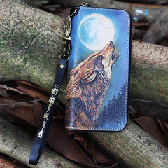 Black Handmade Tooled Tiger Leather Long Biker Wallet Chain Wallet Clutch Wallet For Men - iwalletsmen