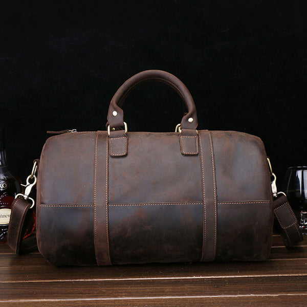 Dark Brown Leather Mens Barrel Overnight Bag Duffle Bag Travel Bag Weekender Bag for Men - iwalletsmen