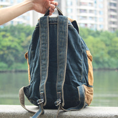 Fashion Denim Blue Mens Large Backpack Laptop Backpack Blue Jean Travel Backpacks For Men - iwalletsmen