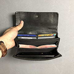 Handmade Genuine Leather Mens Clutch Cool Slim Wallet Zipper Clutch Wristlet Wallet for Men