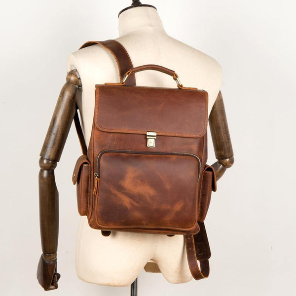 Brown Casual Leather Mens 13 inches School Backpack Travel Backpack Computer Backpack for Men - iwalletsmen