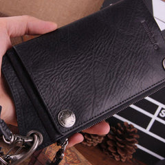 Genuine Leather Mens Cool Biker Chain Wallet Long Leather Wallet Slim Clutch Wristlet Wallet for Men