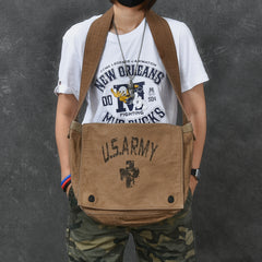 Canvas Leather Mens Large Brown Side Bag 14'' Army Green Messenger Bag Postman Bag For Men - iwalletsmen