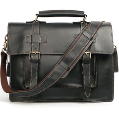 Vintage Black Mens Leather Briefcases Work Handbags Brown 14'' Computer Briefcase For Men - iwalletsmen