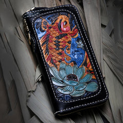 Handmade Leather Carp Mens Chain Biker Wallet Cool Leather Wallet Long Phone Wallets for Men